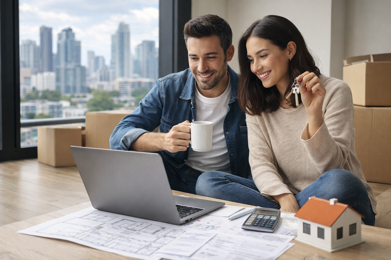 Rentvesting couple reviewing investment property numbers on a laptop, reinvesting savings while renting in a city apartment.