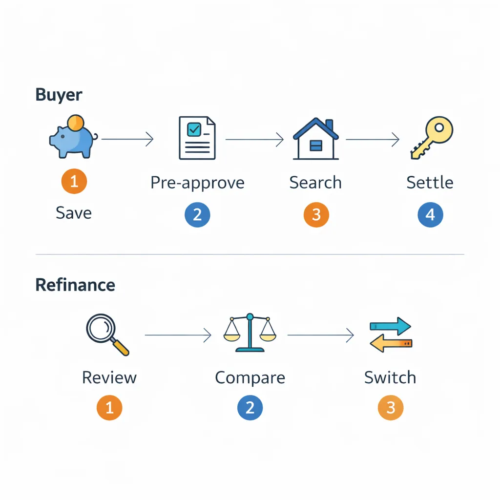 Mortgage broker Dee Why infographic showing first home buyer steps and refinance steps for Northern Beaches