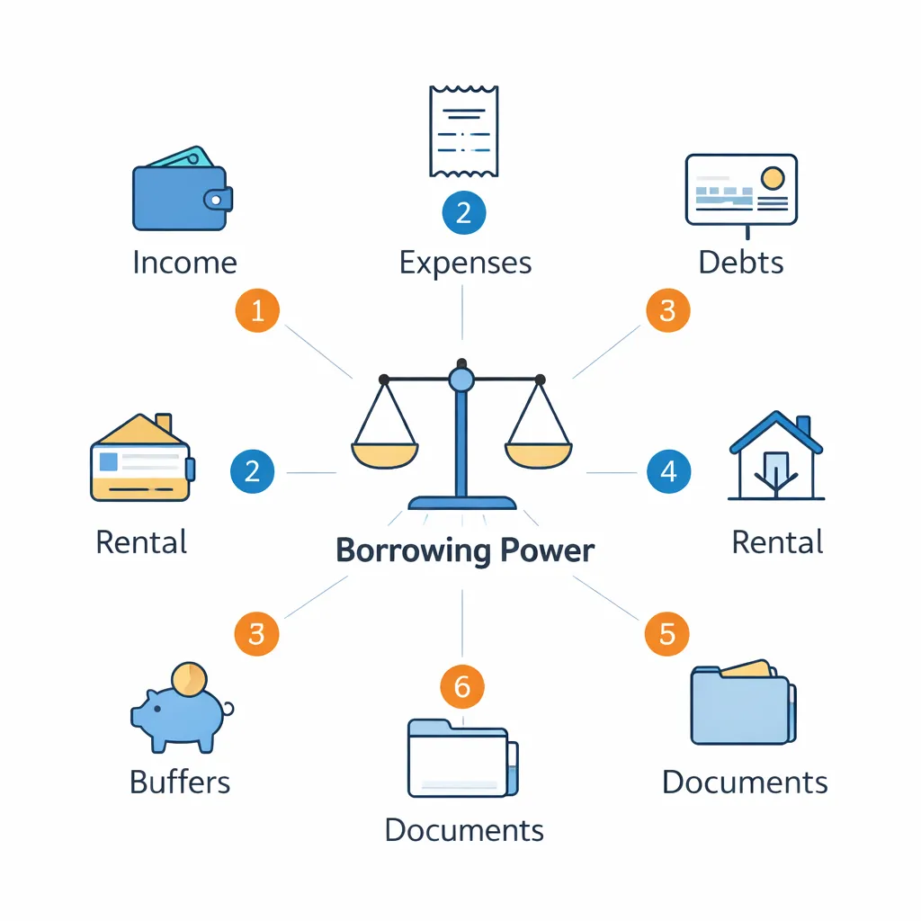 Investment Loans infographic showing borrowing power factors and loan structure options for 2026