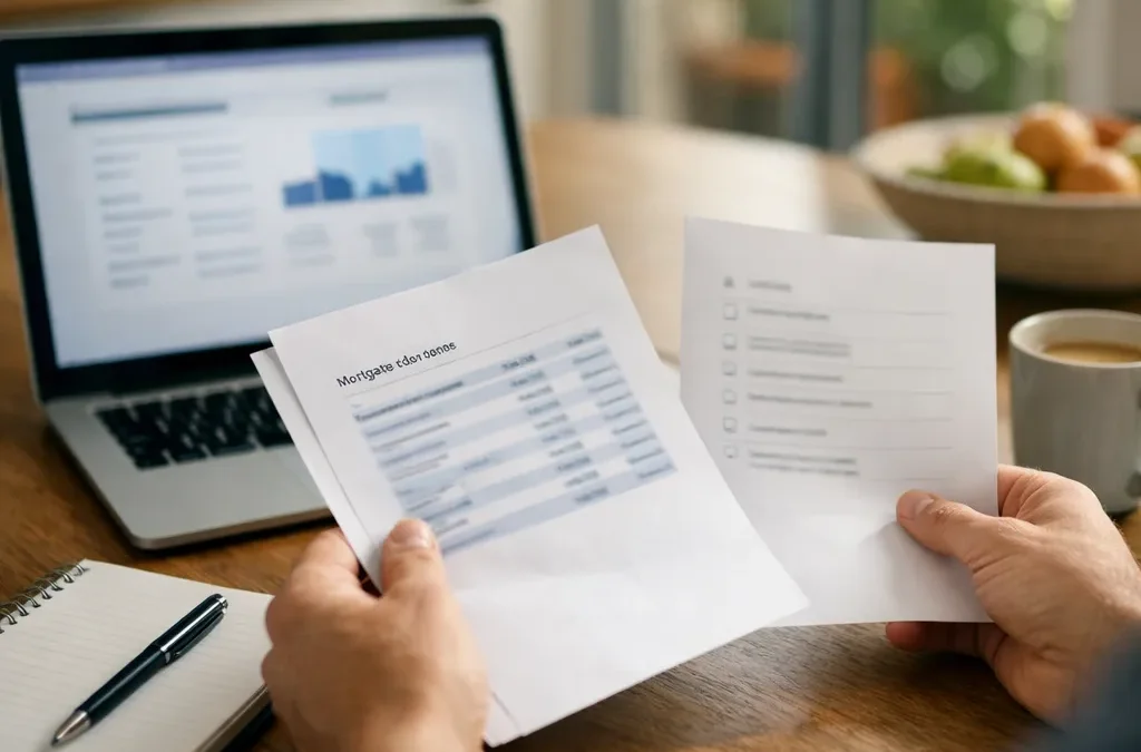 Sydney Refinance Updatedocuments with a blurred calculator screen on a laptop at a kitchen table