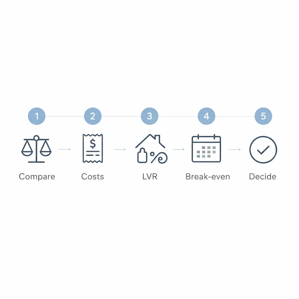Sydney Refinance Update,Icons-only flowchart showing the refinance decision steps: rate gap, fees, LVR, break-even, and next action.