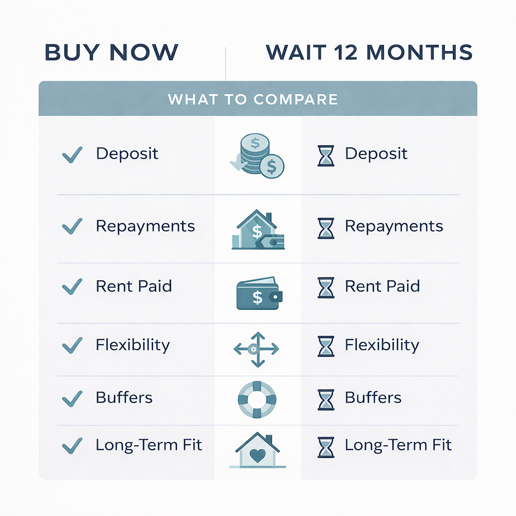 Infographic comparing buy now versus wait 12 months for Australian home buyers.