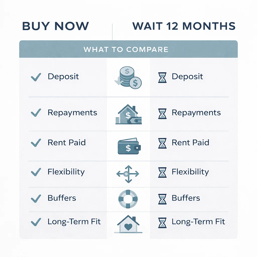 zippy-buy-now-or-wait-decision-infographic-square-2026 Infographic comparing buy now versus wait 12 months for Australian home buyers.