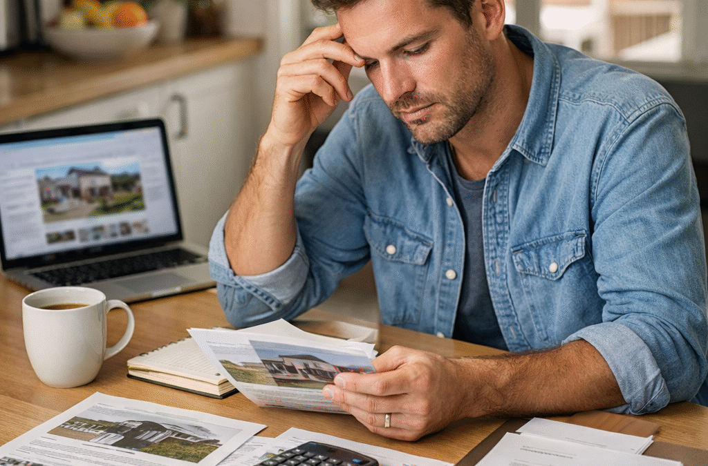 Australian home buyer reviewing property listings, budget notes and documents at a kitchen table.