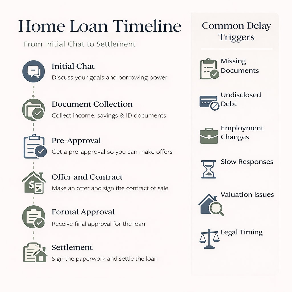 Infographic showing the home loan timeline from application to settlement with common delay triggers.