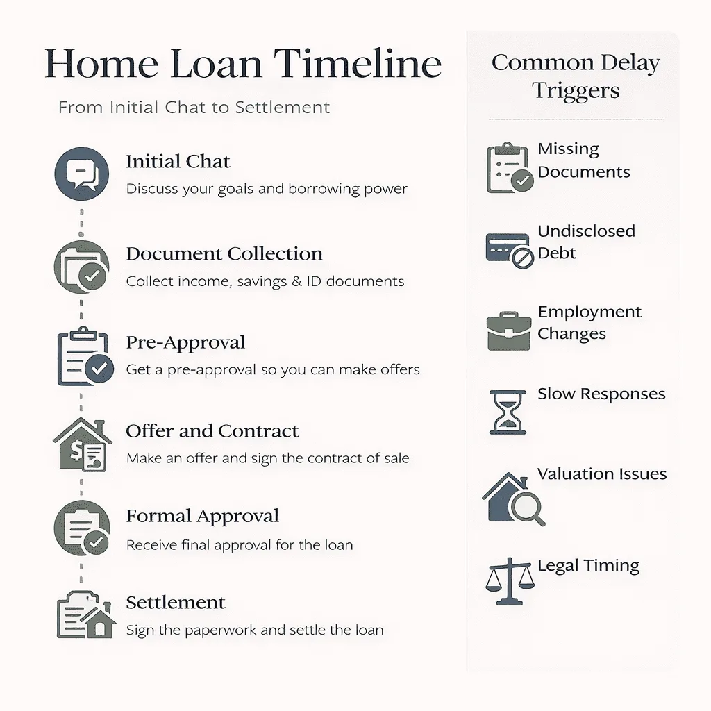 zippy-home-loan-timeline-infographic-square-2026 Infographic showing the home loan timeline from application to settlement with common delay triggers.