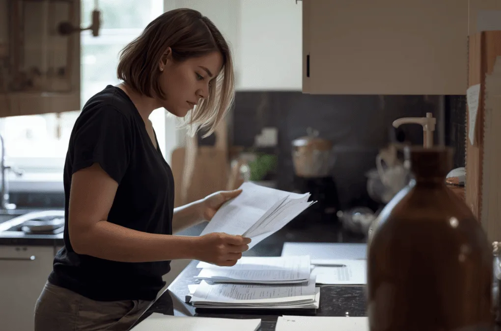 A calm scene of a borrower organising bank statements, payslips and identification documents before applying for a home loan.